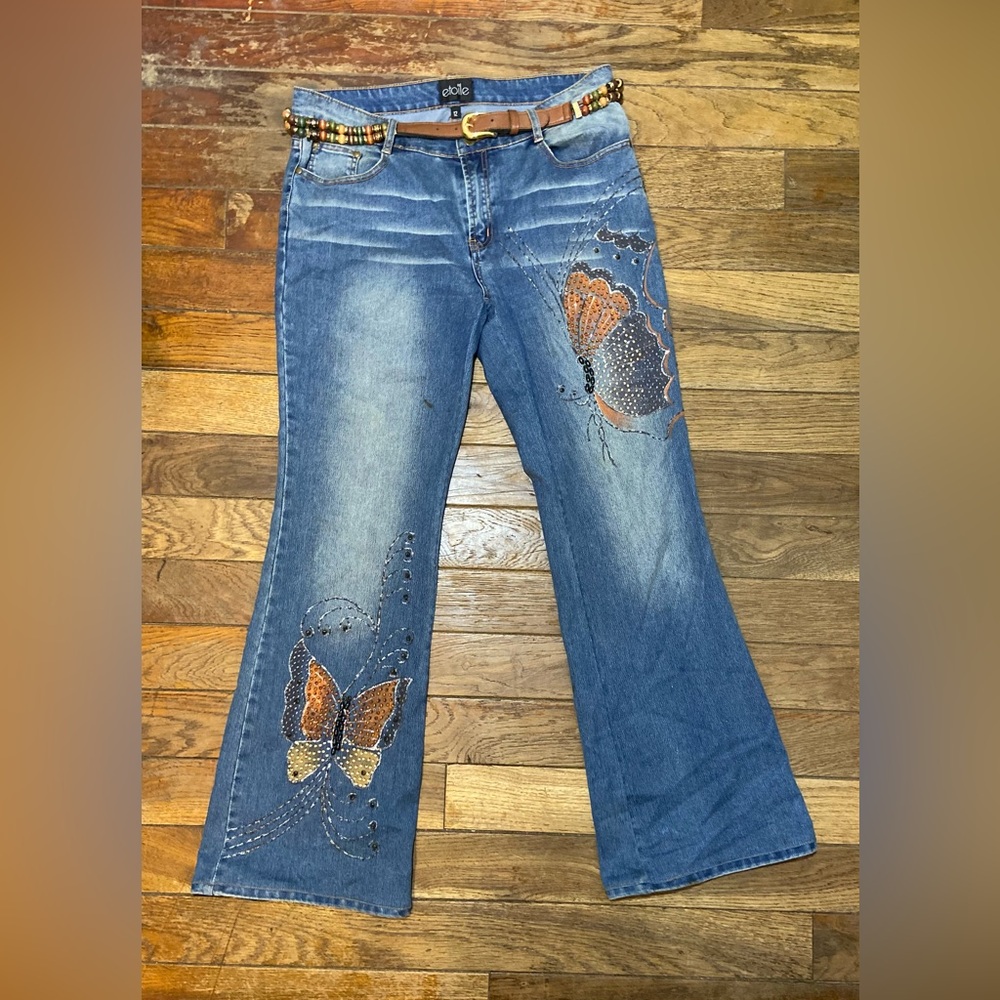 "Y2K Butterfly Embroidered + Jeweled Denim Bootcut Jeans - Etoile Size 12 Women' - Picture 2 of 9